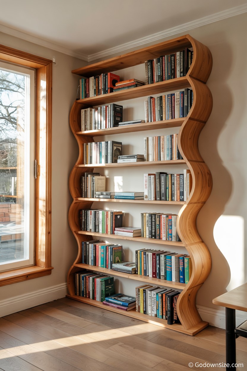 Wavy Wood Bookshelf Design Ideas for Modern Bedroom Storage