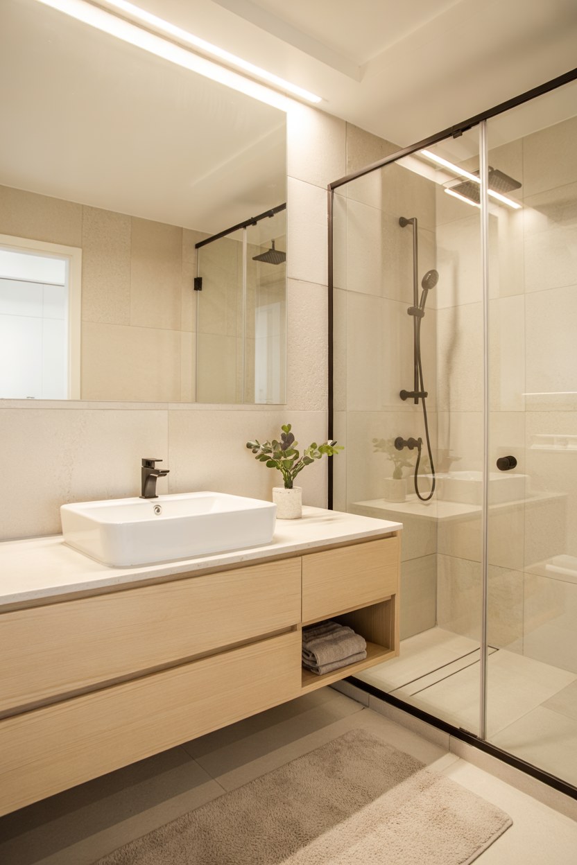 Modern Minimalist Bathroom Design with Glass Shower Enclosure Ideas