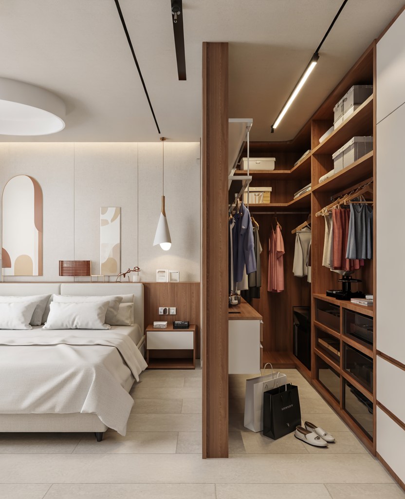 Modern Bedroom Design with Integrated Walk-in Closet Organization