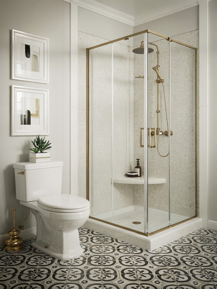 Small Luxury Bathroom Ideas with Glass Shower Enclosure Design