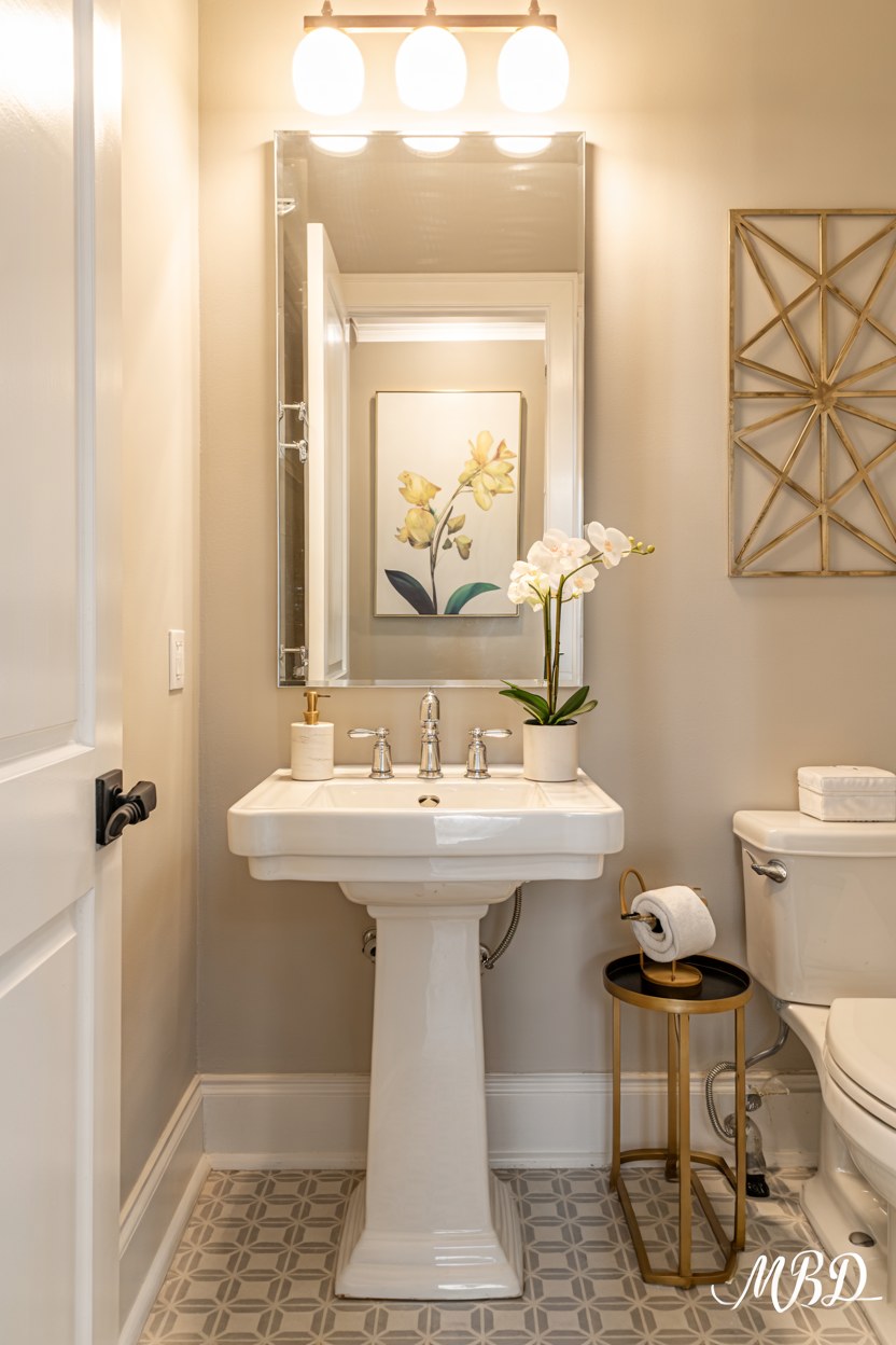 Elegant Small Bathroom Design Ideas with Pedestal Sink and Mirrors