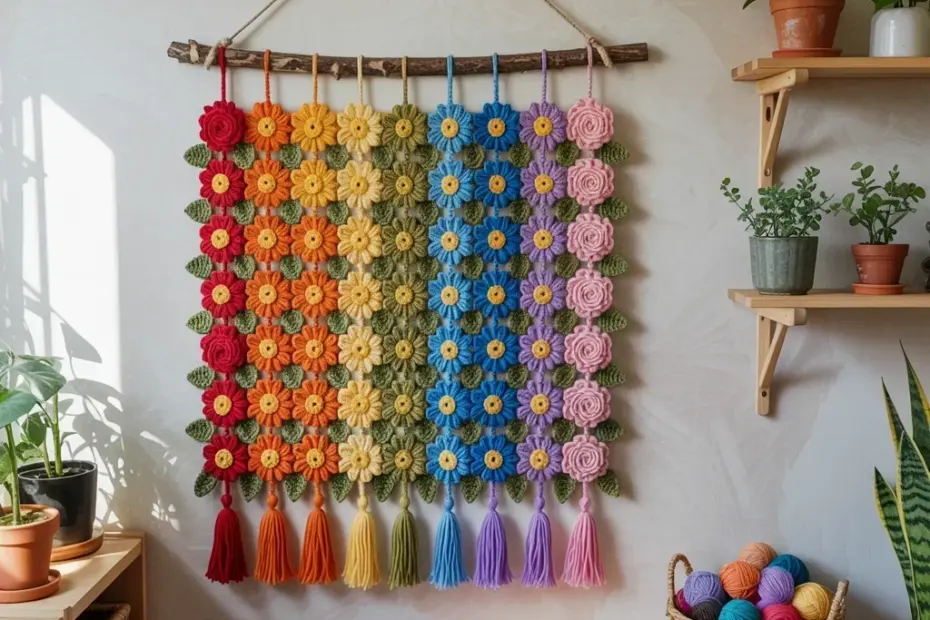 Rainbow crochet wall hanging with flowers on a branch | colorful DIY decor