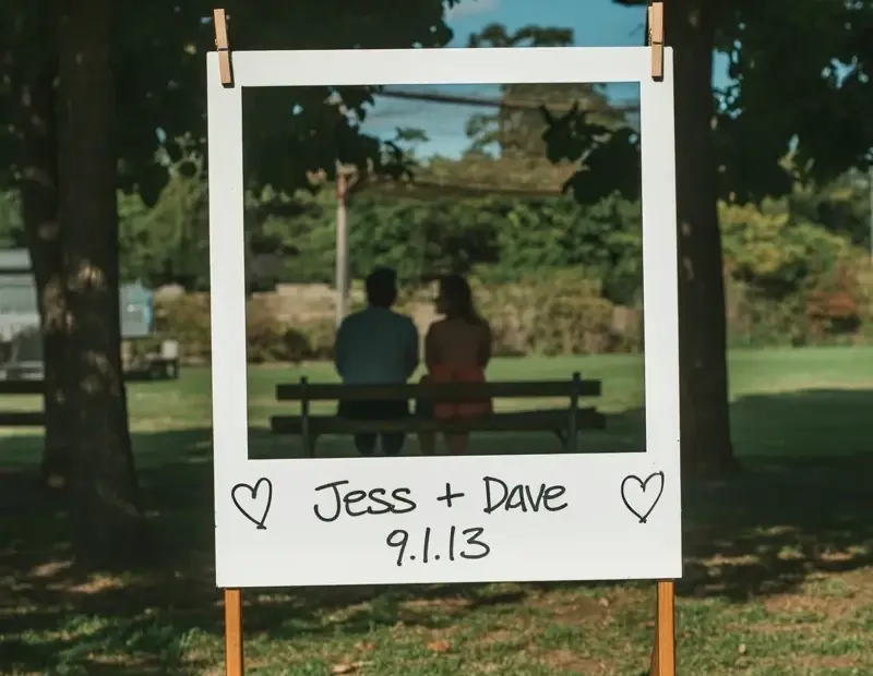 Quick DIY outdoor anniversary photo display with a polaroid-style frame