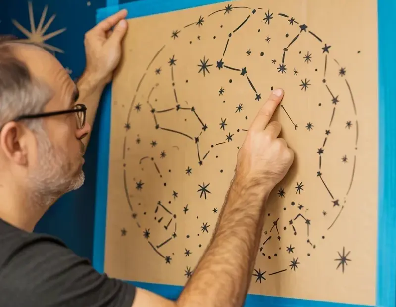 DIY constellation wall decal on navy blue - easy hand-drawn star pattern for a kid's room or cozy bedroom