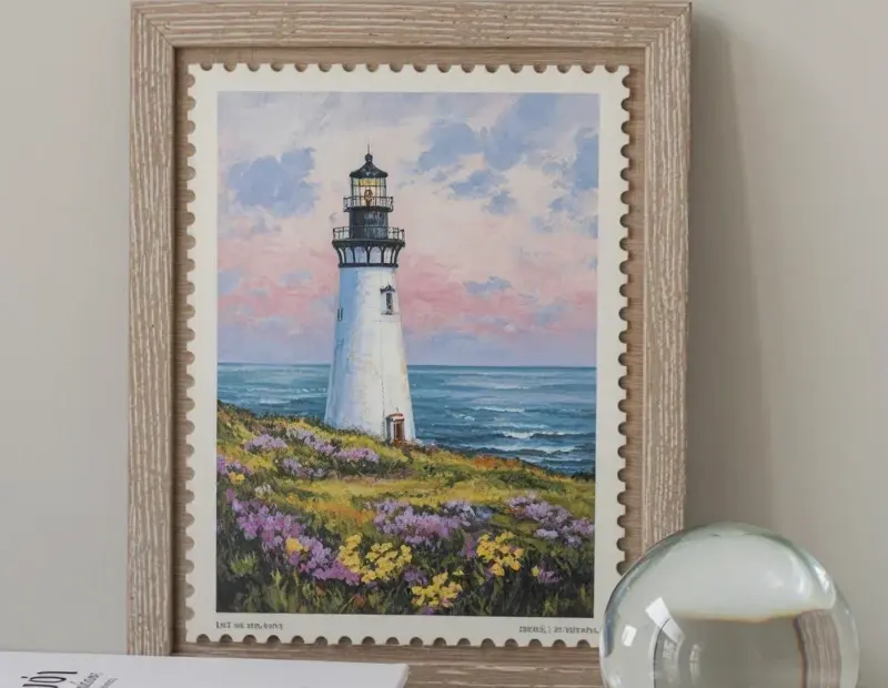 Postage Stamp Frame Lighthouse Art Print for Summer Beach House Decor