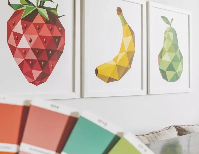 Geometric Fruit Wall Art Set | Low Poly Strawberry Banana Pear Prints | Easy DIY Wall Decor