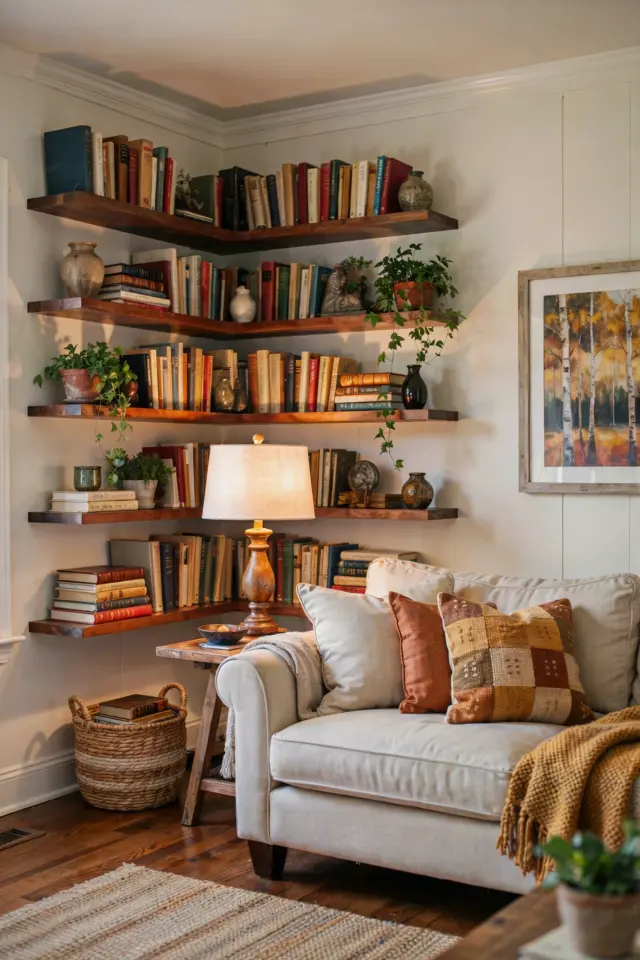 Neutral Gallery Wall Ideas | Warm Floating Shelf Decor for Cozy Living Room
