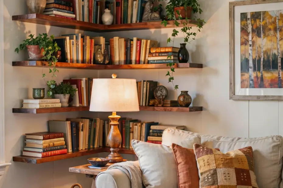 Neutral Gallery Wall Ideas | Warm Floating Shelf Decor for Cozy Living Room