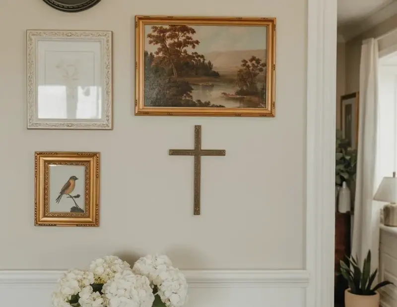 Spring Gallery Wall Ideas with Botanical Art and White Hydrangeas