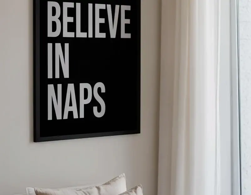 Framed Print Inspo: Before & After Black Nap Quote Wall Art on White Bed