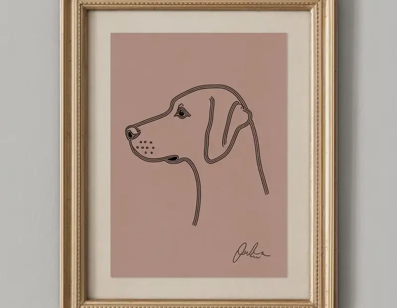 Minimalist Dog Line Drawing + Gorgeous Ornate Gold Frame