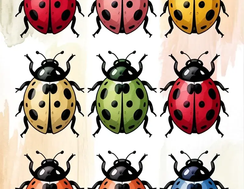 Watercolor Ladybugs in a 3x3 Grid – Nine Cute Beetle Paintings for Insect Art Lovers