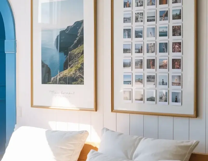 Photo Wall Display How-To: Large Landscape + 30 Instant Photos on Shiplap