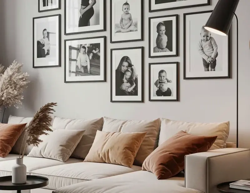 Black and White Gallery Wall in Modern Living Room | Asymmetrical Framed Photos